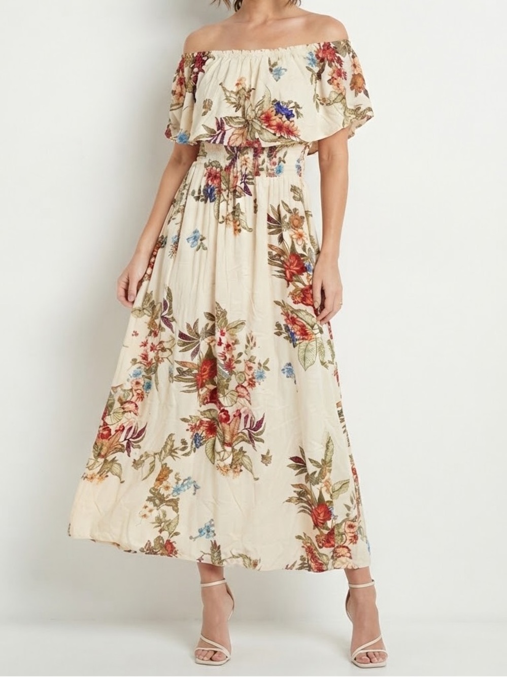 Cream Floral Maxi Dress with Ruffle Neckline